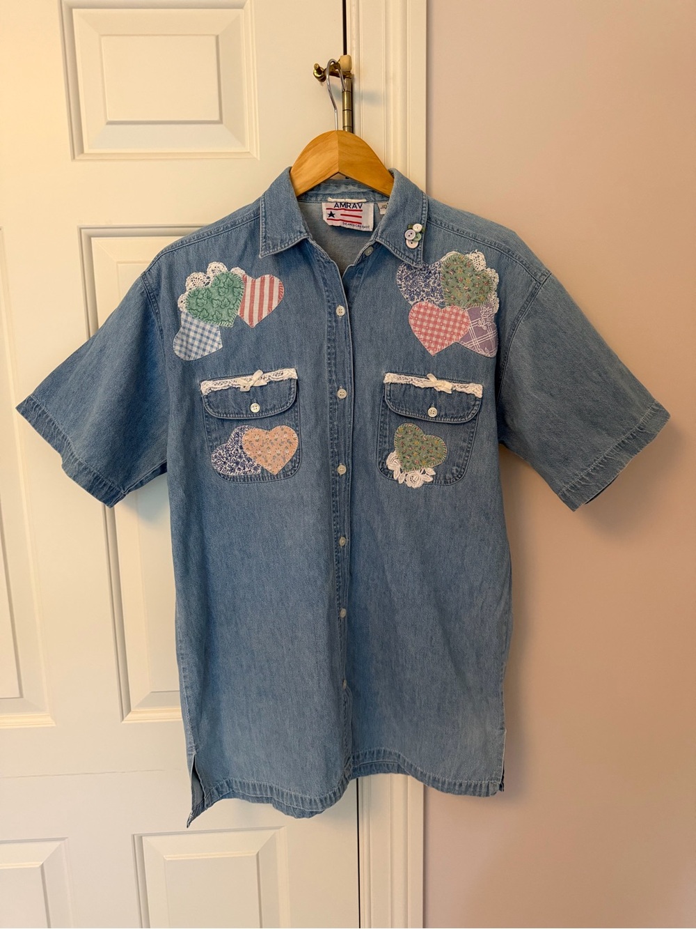 Sweet Denim Shirt with Embroidered Heart Details - Vintage